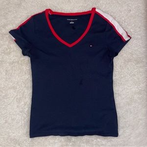 Navy Blue and Red V Neck Tommy Hilfiger Shirt Medium worn once 100% cotton